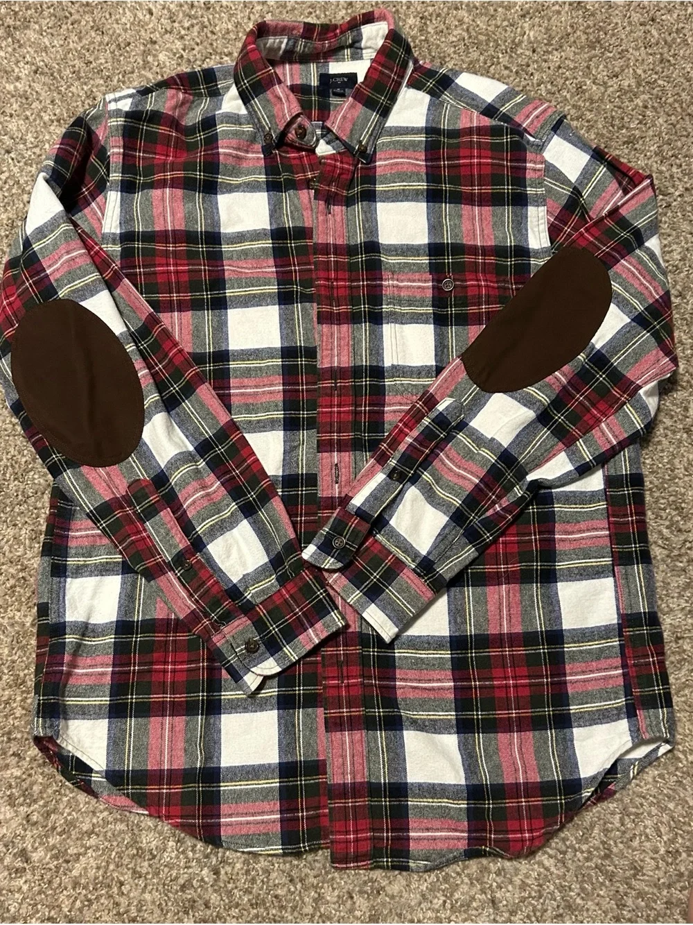 J. Crew Red, White & Navy Plaid Button-Down Shirt with Brown Elbow Patches - M